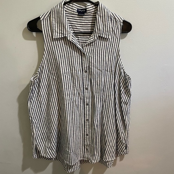 Splendid Linen Blend Gray/ Cream Striped Nautical Button Down Tank Blouse Medium - Picture 1 of 9